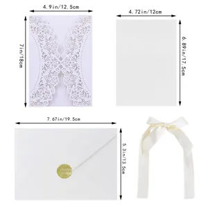 Detailed dimension diagram for white laser-cut wedding invitation set with envelopes.