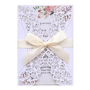 Elegant European Laser Cut Floral Wedding Invitations White Artificial Pearl Paper Invitation Cards With Satin Ribbon Bow Inner Sheet Envelope For Bridal Shower Engagement Party
