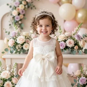 Detailed shot of an elegant rhinestone princess crown headband on a smiling young girl