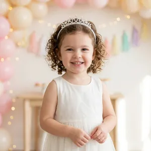 Detail view of sparkly rhinestone crown headband on a smiling girl at a birthday party