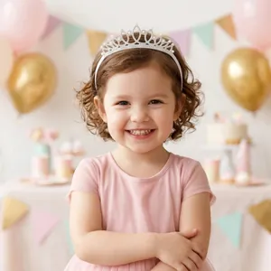 Little girl wearing a silver rhinestone princess crown headband at a birthday party
