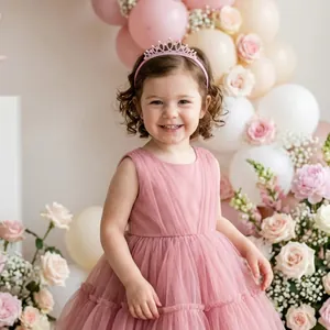 Toddler girl wearing a sparkling pink rhinestone princess crown headband for birthday