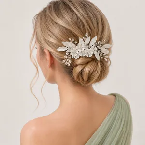 Silberne Blumenperlen-Haarkamm Für Damen Brauthochzeit Haarschmuck Eleganter Handgefertigter Blumenblatt-Strass-Künstliche Perlen-Haarkamm