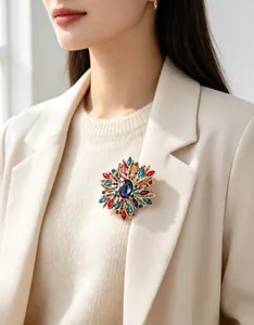 Gros plan d'une grande broche en cristal coloré épinglée sur le revers d'un manteau crème