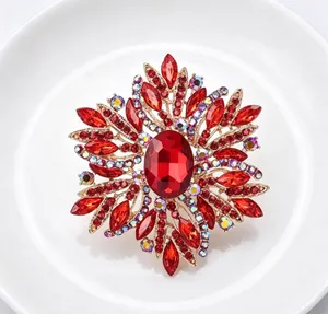 Vue détaillée d'une grande broche en alliage avec des cristaux rouges pour pulls et manteaux.