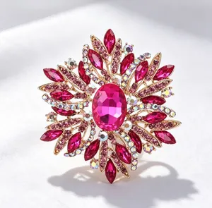 Vue détaillée en gros plan d'une grande broche vintage en cristal et gemmes roses.