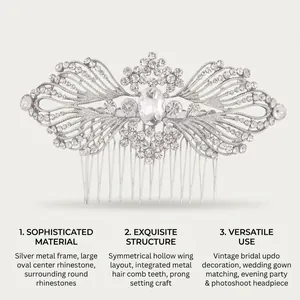 Détail d'un peigne à cheveux aile argentée avec des strass brillants pour mariage.