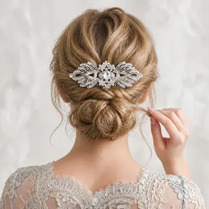 Peigne à Cheveux de Mariée Argent Alliage Strass Feuille Florale Coiffure de Mariage Accessoires Cheveux Élégants Femme