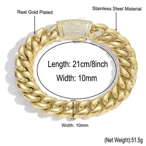 Detailed view of a 10mm gold plated Cuban link bracelet showing measurements and materials