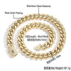 Detailed specifications of 14mm stainless steel cuban link necklace with real gold plating