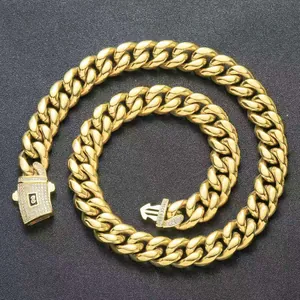 Detailed view of 14K gold plated stainless steel Cuban link necklace with zircon clasp
