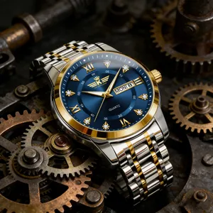 Primo piano di un orologio da uomo in acciaio con quadrante blu e indici in diamante.