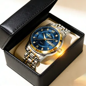Vista dettagliata di un orologio da uomo di lusso con quadrante blu e doppio calendario