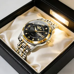 Dettaglio dell'orologio al quarzo di lusso KINGNUOS da uomo con calendario e scatola regalo