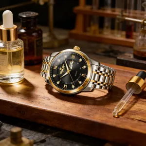 Dettaglio di un orologio di lusso da uomo con quadrante nero e numeri romani oro