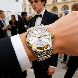 Dettaglio di un orologio da uomo di lusso in acciaio con numeri romani e diamanti