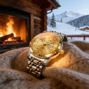 Orologio uomo elegante oro e argento con indici in diamante vicino a un camino caldo