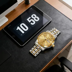 Orologio da uomo professionale con doppio calendario, diamanti e cinturino in acciaio