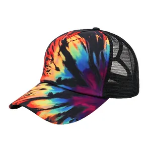 Colorful tie-dye trucker hat with mesh back and ponytail opening for women.