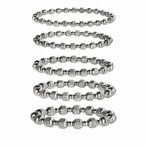 Set of silver stainless steel stretch bracelets featuring textured grid beads details