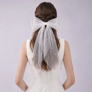 White Mesh Bow Bridal Veil With Imitation Artificial Pearls Long Streamer Hair Clip For Wedding Engagement Birthday Party Headpiece