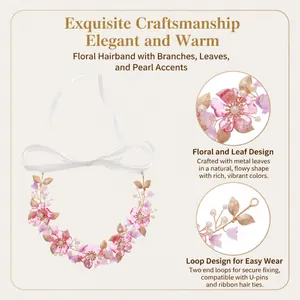Detailed view of the pink acrylic flower hairband with gold leaves and white pearls.