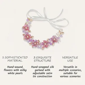 Handmade floral headband with pink pearls and adjustable silk ribbon for wedding events
