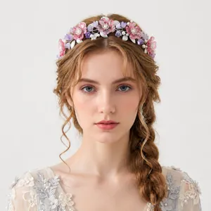 Handmade Floral Headband With Acrylic Pink Purple Flowers Gold Silver Leaf Imitation Artificial Pearl Ribbon For Wedding Party Headwear