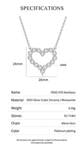 Detailed specifications of S925 silver Moissanite heart necklace with size and material
