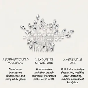 Vue détaillée d'un peigne à cheveux de mariée fait main avec perles et strass