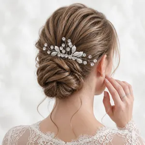 Peigne à Cheveux de Mariée Fait à la Main Avec Imitation Künstliche Perle Strass Design Feuille Fleur Argent Bijoux de Cheveux pour Mariage Fête Femme