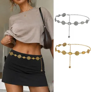 Bohemian Vintage Metal Waist Chain Retro Ethnic Rhombus Disc Belly Chain With Rose Pendant Adjustable Jewelry Belt For Women