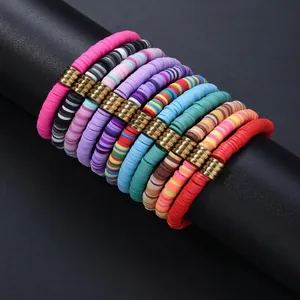 Set of colorful bohemian polymer clay heishi bead stretch bracelets for jewelry design