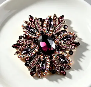 Macro view of an elegant purple crystal flower brooch with sparkling iridescent rhinestones
