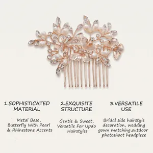 Pettine per capelli da sposa fatto a mano con farfalle, perle e strass in oro rosa