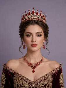Detail showing red rhinestone bridal jewelry set with tiara, necklace, and earrings.