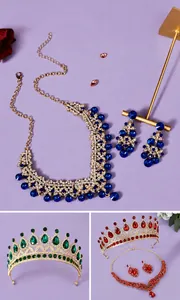 Elegant vintage rhinestone jewelry sets including necklaces, earrings, and tiaras in vivid colors.