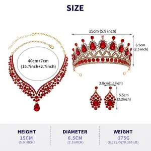 Size specifications for bridal rhinestone jewelry set including tiara necklace and earrings