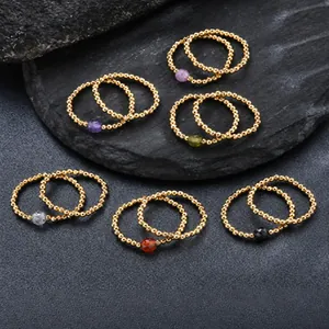 Handmade gold plated stainless steel beaded elastic rings with colorful zircon beads