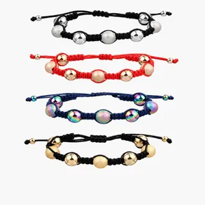 Detailed view of adjustable stainless steel bead woven cord bracelets in four colors
