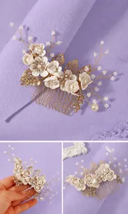 Detail eines eleganten Blumen-Haarkamms mit Perlen und Strasssteinen für Braut-Styling.