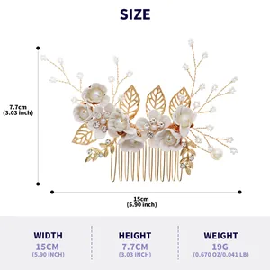 Detaillierte Maße und Gewicht des eleganten floralen Brauthaarkamms in Gold und Weiß.