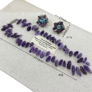 Detail view of natural amethyst chip necklace and turquoise flower earring set with dimensions.