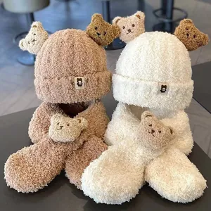 Ensemble écharpe et bonnet ours en peluche chaud pour enfants, crème et marron
