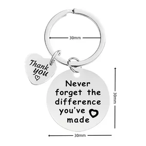 Detailed view of stainless steel teacher keychain with heart charm and 30mm dimensions.