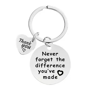 Close-up of stainless steel teacher appreciation keychain with engraved thank you message