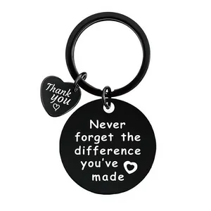 Detailed view of black stainless steel teacher keychain with thank you heart charm