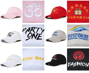 Detailed view of various custom embroidered logos on colorful cotton baseball caps.