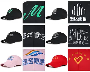 Detailed views of custom embroidered and printed logos on assorted color baseball caps