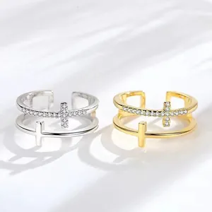Fashion Copper Double Cross Rhinestone Ring For Women Dainty Open Adjustable Ring Light Luxury Simple Geometric Finger Jewelry